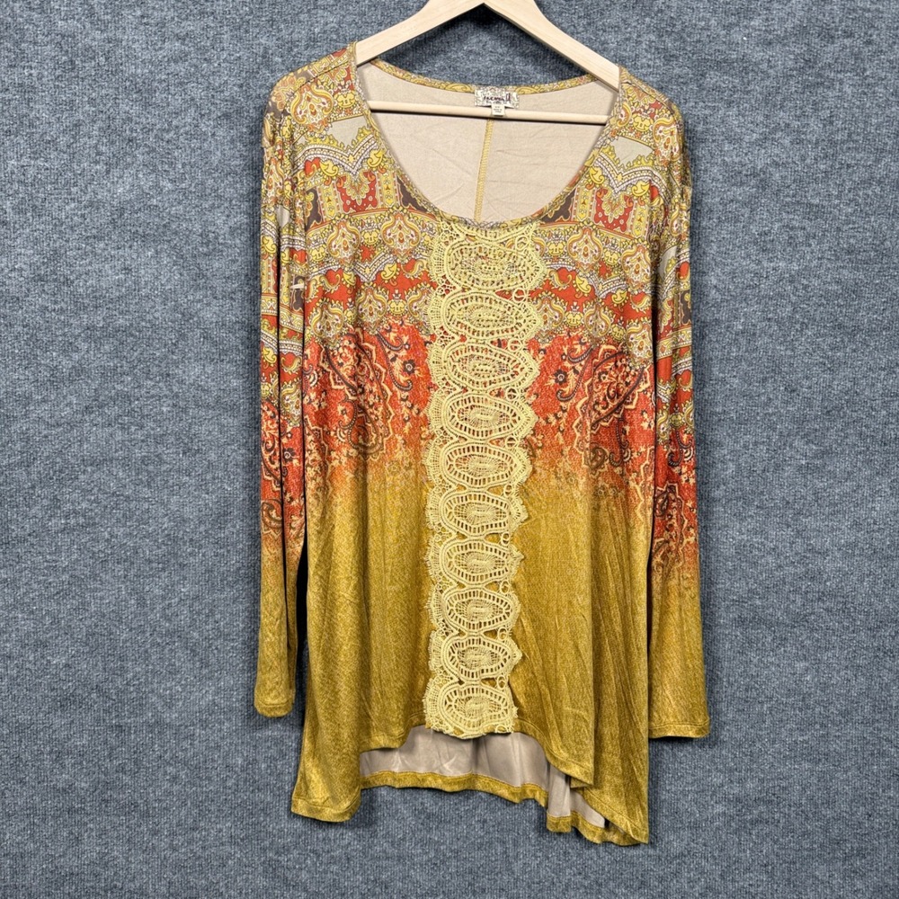 One World Live And Let Live Plus Size 2X Tunic‎ Top Tan Liquid Knit Lace Beaded